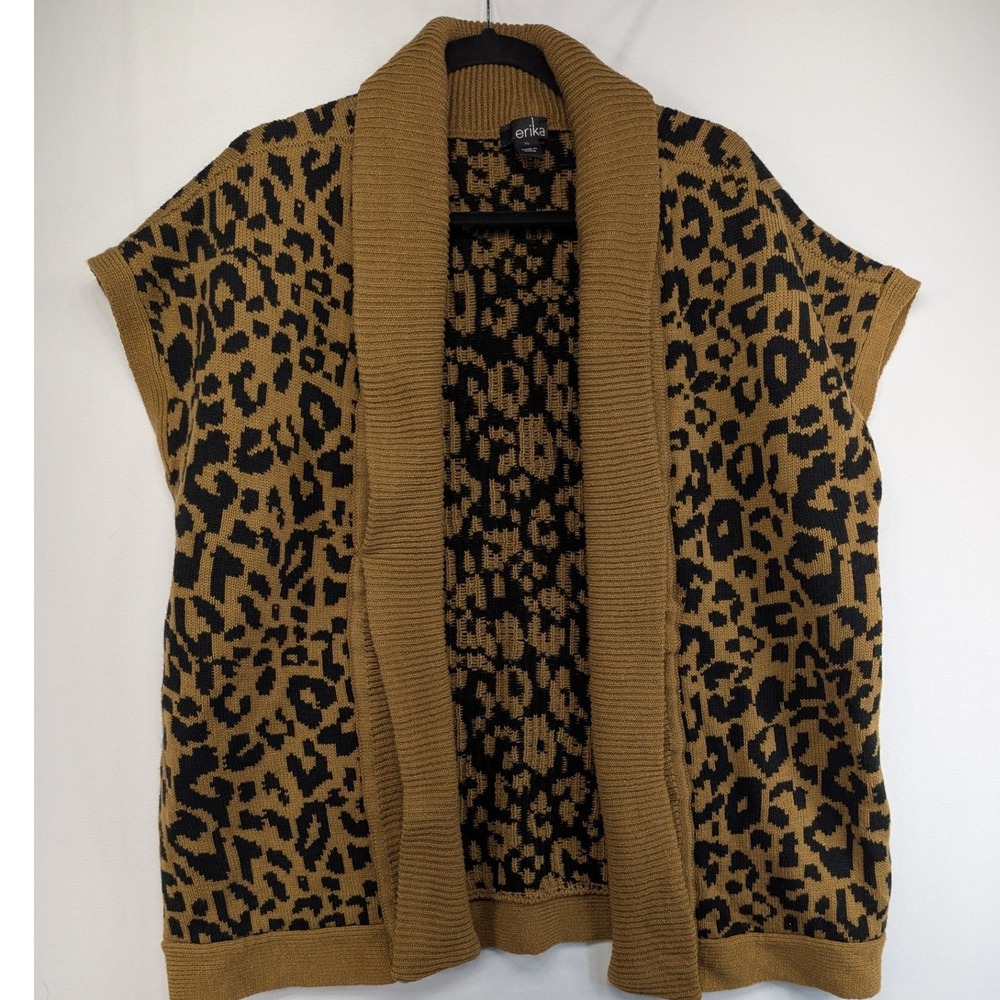 Erika Womens XL Leopard Print Open Front Cardigan Vest Tan Black Shawl Collar